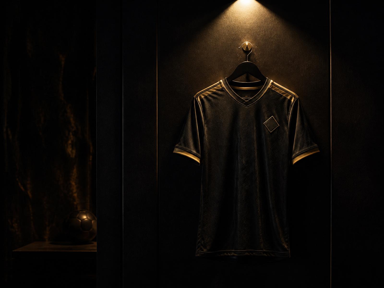 Jersey bola tergantung di bawah lampu sorot emas